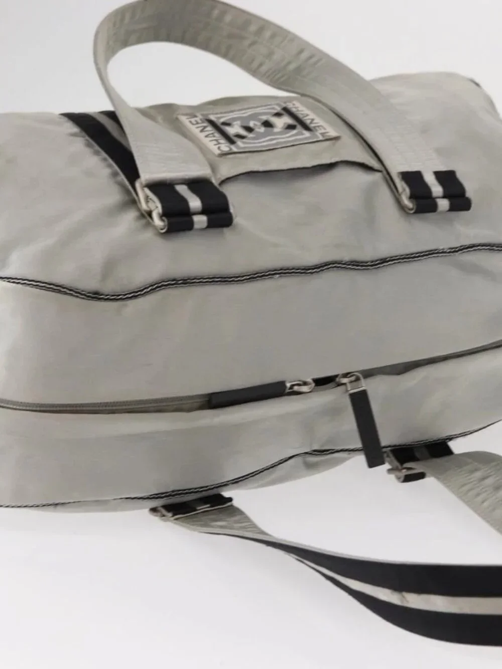 CHANEL Sports Line Boston Bag Nylon Silver CC Auth BA7758